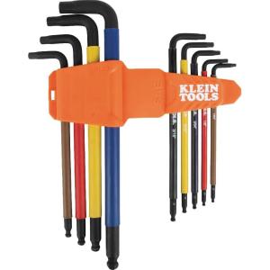 imageKlein Tools BLS18 Hex Key Wrench Set Color Coded SAE and Metric HeatTreated LStyle Long Arm and Ball End 116Inch to 38Inch and 15 mm to 10 mm 18PieceSAE