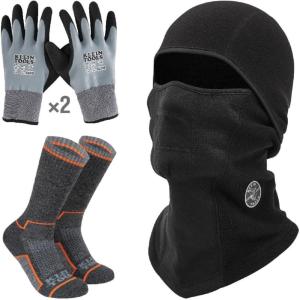 imageKlein Tools 80109 Balaclava Winter Kit with Fleece Balaclava 2 Thermal Dipped Winter Gloves Performance Thermal Socks